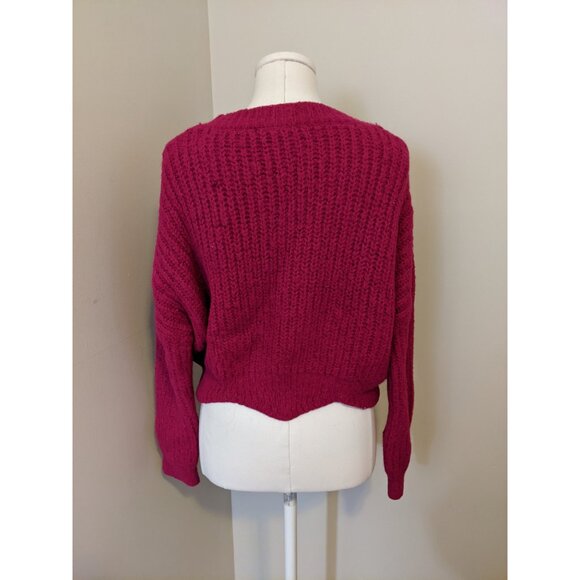 Womens Magenta Chunky Knit Cropped Sweater Jumper Pullover Zig Zag Hem Boxy Sz S - Picture 4 of 7